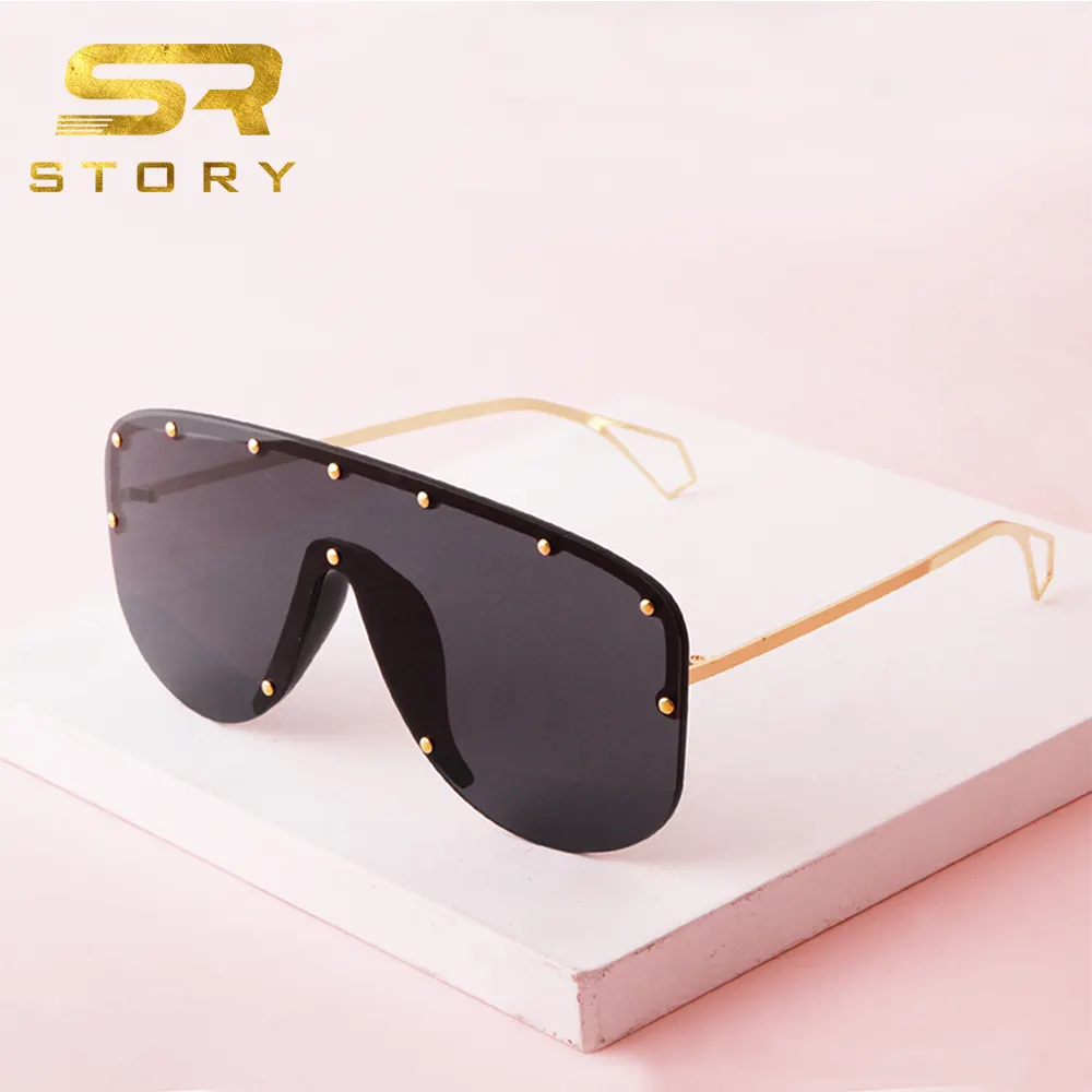STORY T211 Fashion Metal One Piece Oversized Sunglasses Women Men 2021 Brand Designer Rivet Gold Mirrored Lager Lens Sun Glasses