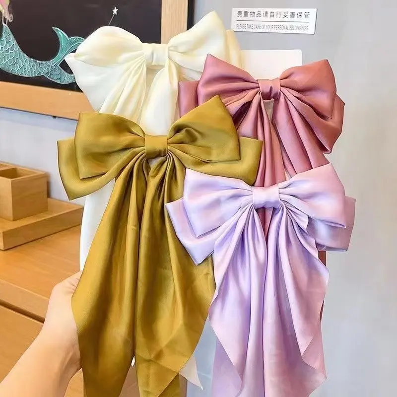 Fashion hair accessories women ribbon bow knot pure color satin metal hair clip chiffon bow hair clips