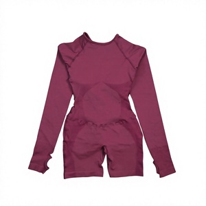 Ensemble de yoga 2 pièces bordeaux froncé sans manches, col halter et col rond, avec volants, taille mi-haute, sans couture, respirant, en Spandex uni, tenue de sport - Product Image 1