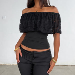 Chemisier d'été pour femme, coupe ajustée, à manches courtes, épaules dénudées, avec dentelle et volants, style mode urbaine - Product Image 6