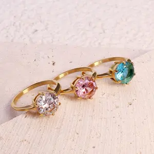 Trendy Multi Color Gemstone Ring Stainless Steel 18K Gold Waterproof Shiny Colorful Cubic Zircon Pink Blue Clear Cz Stone Ring