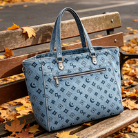 Sac fourre-tout vintage pour femme, sac à bandoulière en jean imprimé monogramme, sac à main grande capacité, sac de voyage décontracté, sac de shopping, sac à poignée supérieure
