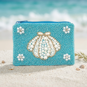Handmade Beaded <b>Coin</b> Purse Embroidered Zipper Pouch Square Fashion Blue Shell Pattern Daily Use - Product Image 3