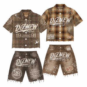 Camisa Corta a Cuadros Vintage Y2K Personalizada DiZNEW, Manga Corta, con Pedrería, Estampado Puff Desgastado, Estilo Urbano Atlanta, Holgada, OEM - Product Image 1