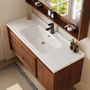 European Popular Mid Century Walnut Bathroom Cabinet <b>Wall</b> Hung Ceramic All-in-one Basin Dimmable LED Smart <b>Mirror</b> Set - Product Image 4