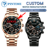 Jam Tangan Pria Custom Logo OEM ODM, Kronograf, Dial Hitam, Quartz, Tanggal, Tali Logam, Rose Gold, Klasik, Private Label, Bahan Zinc Alloy