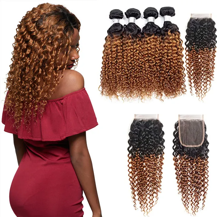 cheap Wholesale 100% virgin Brazilian human hair weaving ombre color 1b 30 curly wave hair 3 bundles with 4x4 lace closure