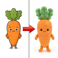 Peluche personnalisée en forme de carotte, prototype de légume, avec racine orange, feuille verte moelleuse, petites branches, et un prototype souriant et debout