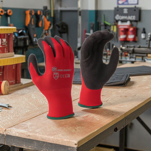 Factory 13 Gauge <strong>Red</strong> Polyester Cotton Crinkle Latex Palm Coated Waterproof Safety Work <strong>Gloves</strong> for Garden Construction - Product Image 1