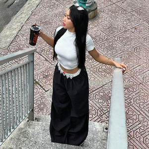 French Ballet Style Wide Leg Low Waist <b>Elastic</b> Pants Letter Embroidery Lace Patchwork Bow Colorblock Trousers Loose Fit High - Product Image 5