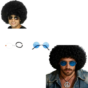 <span class=keywords><strong>Perruque</strong></span> <span class=keywords><strong>Hippie</strong></span> <span class=keywords><strong>Homme</strong></span>, Lunettes de Soleil, Collier Peace - Costume d'Halloween en Polyester, Style Disco Années 70, Tenue Années 60 - Product Image 1