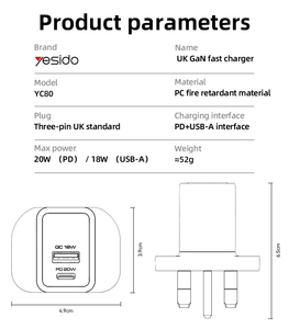 YC80 YesIDo PC วัสดุหน่วงไฟ PD <span class=keywords><strong>20W</strong></span> + QC 18W ชาร์จเร็ว USB-C GAN & USB-A Dual-Port UK ชาร์จเร็ว - Product Image 5
