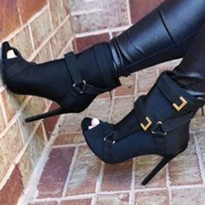 Streetwear Back Zipper Buckle Strap Round Peep Toe Women Ankle <b>Boots</b> Solid Thin High Heel Short Booties for Ladies Big Size 43 - Product Image 4