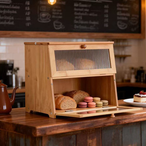Caja de Pan de Bambú de Doble Capa con Tapa Abatible, Gran Capacidad, Almacenamiento de Cocina, Color Madera Natural, Forma Rectangular - Product Image 2