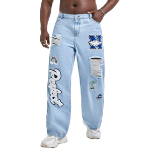 Jeans de Mezclilla Casuales de Corte Recto para Hombre, 100% Algodón, Lavado Medio, con Diseño Gráfico y Rasgado, Personalizables con Logotipo OEM - Product Image 3