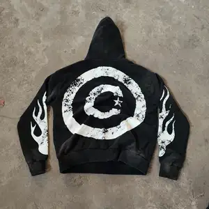 Üretici kırpılmış ekran baskılı kazak zip hiçbir dizeleri cep özel ağır 500gsm Vintage asit yıkama Hoodie erkekler için