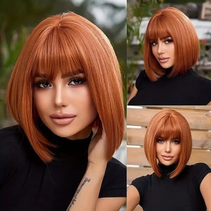 Perruque complète, <span class=keywords><strong>coupe</strong></span> bob mi-longue pour <span class=keywords><strong>femme</strong></span>, cheveux synthétiques, mode européenne et américaine, courte et bouclée vers l'intérieur - Product Image 1