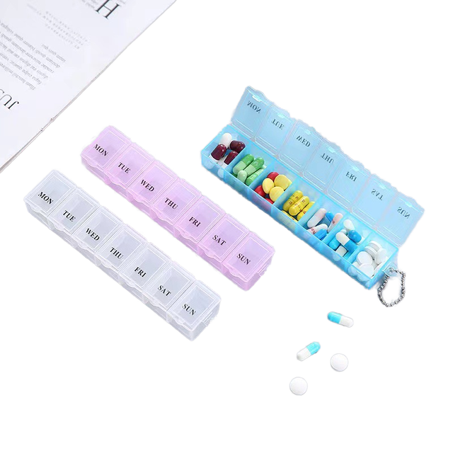 Hot Sale Seven-Day Weekly Pill Dispenser Portable Transparent Plastic Storage Boxes Moisture Dust Proof with Seven Compartments
