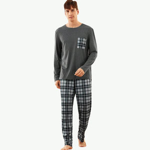 Pigiama <span class=keywords><strong>da</strong></span> <span class=keywords><strong>uomo</strong></span> estivo personalizzato con tasche a maniche lunghe in bambù lavorato a maglia traspirante abbigliamento <span class=keywords><strong>da</strong></span> notte con motivo a quadri - Product Image 1