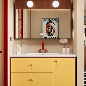 Mueble de <span class=keywords><strong>Baño</strong></span> Moderno Minimalista, Diseño Inspirado en el Estilo <span class=keywords><strong>Bauhaus</strong></span>, Espejo de Pared Incluido, Lavabo de Cerámica de una Pieza - Product Image 1