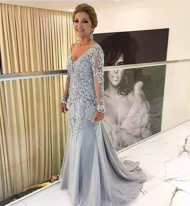 Vestidos da mãe da noiva, elegante, prata azul, mangas compridas, 2022 gola em v, vestidos de festa de casamento, de convidado