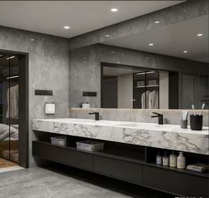 Black Wall Mounted <b>Bathroom</b> <b>Cabinet</b> with Double Sink Marble Countertop Storage Drawers Open Shelves for Home <b>Bathroom</b> Organizer - Product Image 1