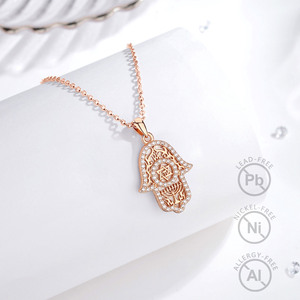 Changda Rose Gold 925 Sterling Silver <span class=keywords><strong>David</strong></span> of Star <span class=keywords><strong>Hamsa</strong></span> Lucky Praying Hands Shaped of Fatima Hand Pendant Necklace - Product Image 1