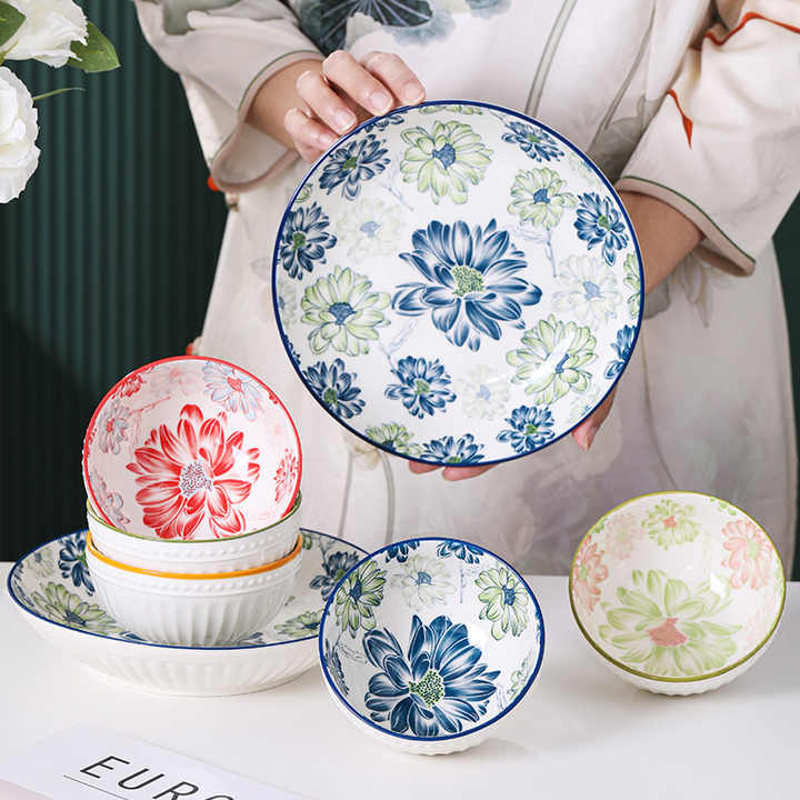 4.5inch Bohemian Ceramic Bowls with Plates Chopsticks Set Moroccan Porcelain Bowl Set Rice Bowl for Gift OEM LOGO