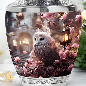 Guci Kremasi Gaya Amerika Besar untuk Dewasa - Burung Hantu Merah Muda Duduk di Atas Guci Bunga Merah Muda - Abu Dekoratif Multiwarna (10 Inci) - Product Image 4