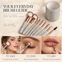 Ensemble de 9 pinceaux de maquillage personnalisés avec strass scintillants, style professionnel, luxe, diamant, support pour pinceaux cosmétiques pour le visage et les contours