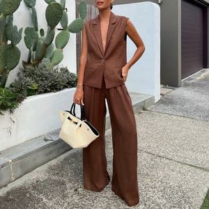 Conjunto de Lino 100% para Mujer, Estilo Otoñal, Chaleco con Cuello en V, Pantalones Anchos de Cintura Alta, Dos Piezas - Product Image 1