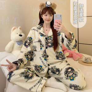 Sleepwear Sets 116# Coral Fleece Cardigan Lapel <strong>Pyjamas</strong> Women's Winter Cartoon Flannel 220g Set Pajamas - Product Image 5