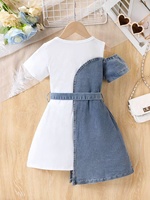 Ensemble de vêtements pour enfants en deux pièces, robe courte à manches courtes en denim patchwork de style européen/américain + ceinture