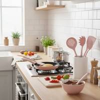 7-delige roze siliconen spatels, garde, tang en andere keukenaccessoires; siliconen bakgerei sets