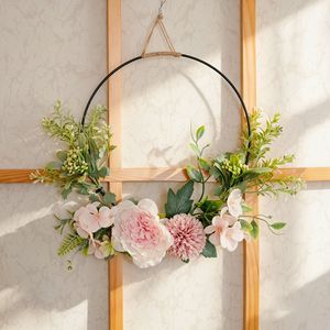 CallaFloral Décoration murale florale circulaire, fleurs artificielles en maille de fil plastique, décoration moderne pour mariage et maison, rose camélia - Product Image 1