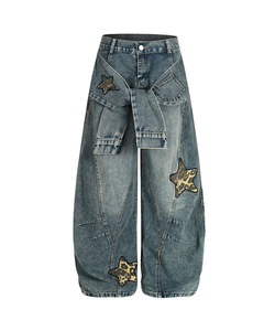 ZHEZHE Streetwear Jeans en denim ample <span class=keywords><strong>avec</strong></span> bretelles croisées, imprimé léopard et motif étoile - Nouveau style 2026, pantalon grande taille pour femmes - Product Image 4