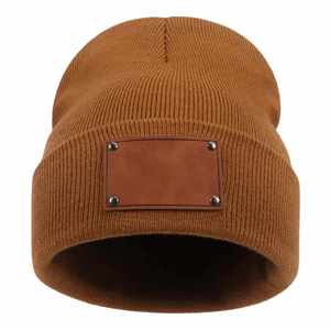 หมวกไหมพรมเด็กและผู้ใหญ่แฟชั่น  ตกแต่งด้วยแผ่นหนัง  สำหรับฤดูหนาว  พร้อมปักชื่อหรือโลโก้ด้วยเลเซอร์ตามสั่ง - Product Image 1