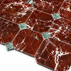 Carreaux octogonaux en marbre rouge avec accents de diamants verts, mosaïque en pierre polie pour mur intérieur, design classique - Product Image 2