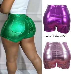 Pantaloncini Estivi da Spiaggia, Shorts Metallizzati Arricciati per Ragazze, Pantaloncini da Donna in <span class=keywords><strong>Pelle</strong></span> PU per Allenamento - Product Image 5