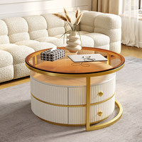 Table basse ronde haut de gamme avec plateau en pierre, ensemble de table basse en bois luxueux pour salon avec 2 tiroirs, table basse moderne
