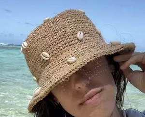 Custom Summer Fashion Dress Hand Crochet Raffia Straw Bucket <b>Hat</b> Kids Children Size Beach Sun <b>Hat</b> with Shells - Product Image 3