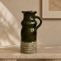 Vase à fleurs en céramique vintage, corps émaillé caramel, finition gris patiné, poignée à double anneau pour la décoration de table console