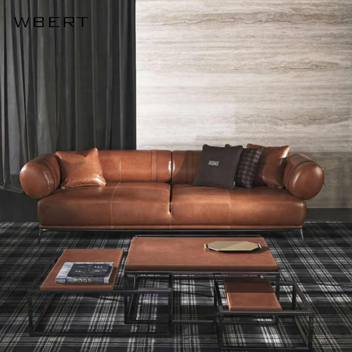 WBERT Italian-Style Minimalist  Modern Straight-Line Simple Design Home Office Light Luxury Living Room Furniture Leather Sofa