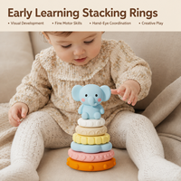 Jouet d'empilage de 6 anneaux pour bébé avec éléphant en tête, ensemble sensoriel texturé et couineur pour l'apprentissage, dès 6 mois