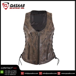 Nouveauté Gilet de course de moto en cuir véritable de vachette pour femmes, coupe ajustée, poches latérales, manches latérales - Product Image 3
