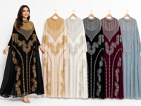 Kaftan long à manches chauve-souris pour occasions festives, avec broderie perlée et pompons, kaftan islamique de luxe pour femmes, abaya musulmane