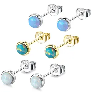 NEW Wholesale Sterling Silver White Blue Green Opal Earring Stud Gold Plated Studs Earrings Women 4mm Synthetic Opal Ear Studded