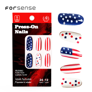 24 pcs independencia american faux ongles avec colle cinq étoiles presse sur les ongles non toxique personnalisé acrylique long faux ongles fournisseur - Product Image 1