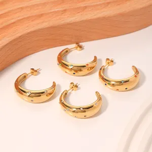 Colorful Cubic Zirconia Thick Wide Band CC Moon Earrings For Women Stainless Steel Gold Plated Jewelry