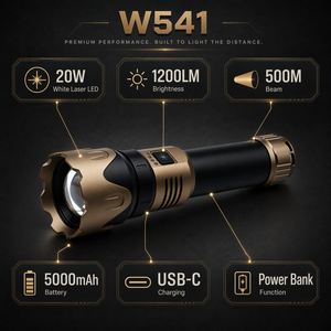 WOSEN 20W 1200lm White Laser Super Bright Aluminum Alloy Outdoor <b>LED</b> Flashlight 5000mAh <b>Rechargeable</b> Power Bank 400-500M Strobe - Product Image 4